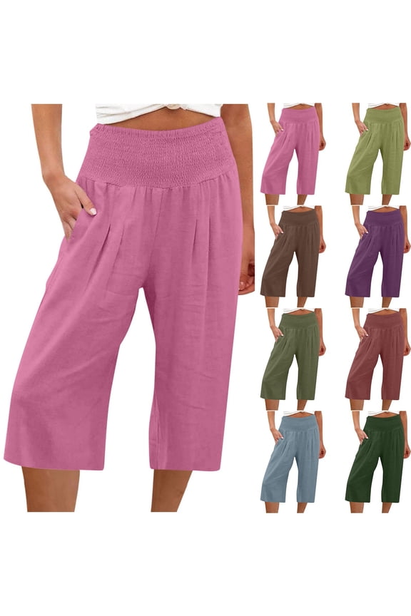 Womens Wide Leg Linen Capris Elastic High Waisted Cotton Pants with Pockets Loose Lightweight Yoga Capri Pants,Purple,XXL