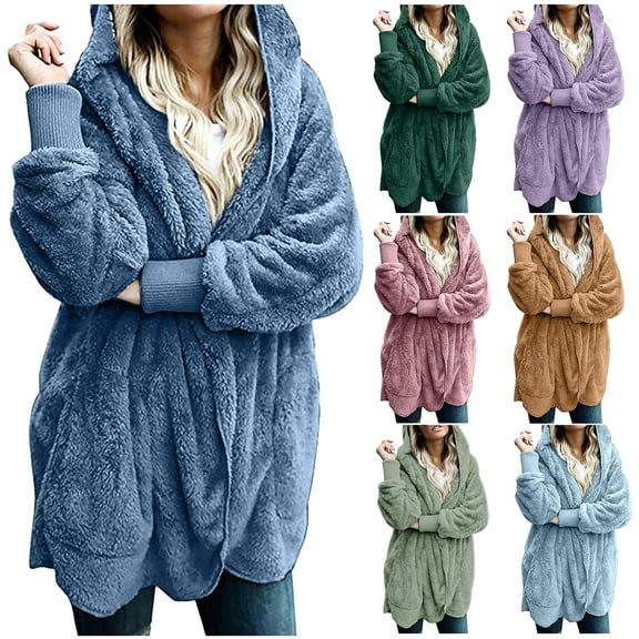 Dazajoo Fleece Coat for Women 2024 Women's Oversized Zip Up Hooded Jacket Winter Plus Size Long Sleeve Solid Color Sherpa Hoodies with Pockets,Purple,XXL