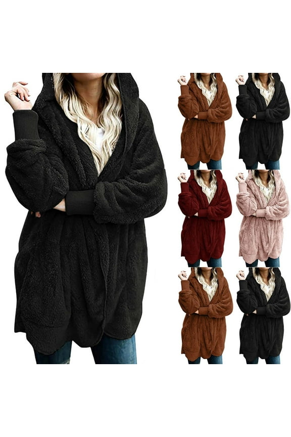 Fleece Jacket Women Winter Oversized Hooded Fuzzy Open Front Cardigans Fluffy Sherpa Hoodies with Pockets,Black,XXXL