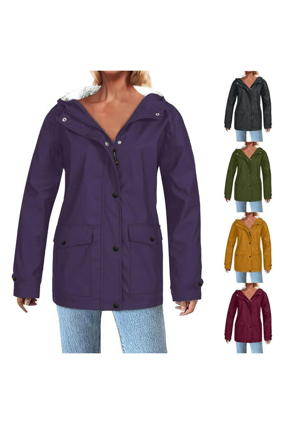 Fleece Lined Rain Jacket Women Plus Size Zip Up Waterproof Rain Coat Outdoor Hiking Windbreaker with Hood,Wine,L