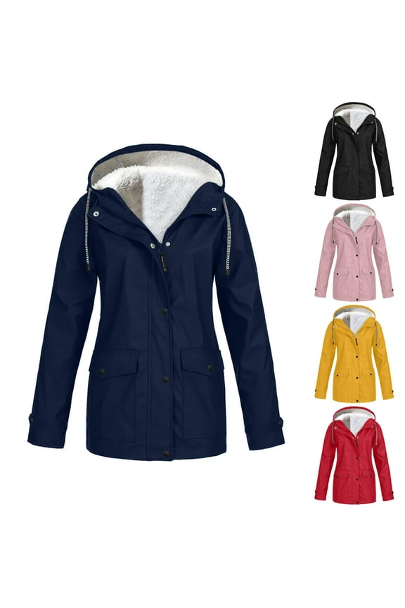 Fleece Lined Raincoat for Women Fall Winter Waterproof Rain Jacket with Hood Solid Color Zip Up Hiking Snow Coats,Black,L