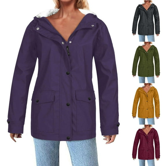Dazajoo Fleece Lined Raincoat for Women Fall Winter Waterproof Rain Jacket with Hood Solid Color Zip Up Hiking Snow Coats,Khaki,L