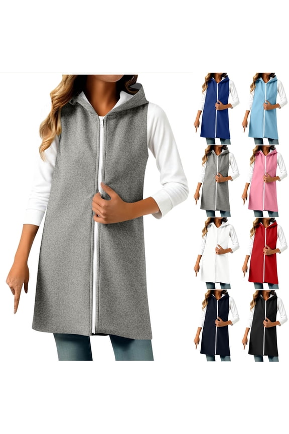 Fleece Lined Vest Jacket Women Zip Up Sleeveless Hooded Vests Trendy Side Split Lightweight Long Sweatshirt Jackets,Black,XXL