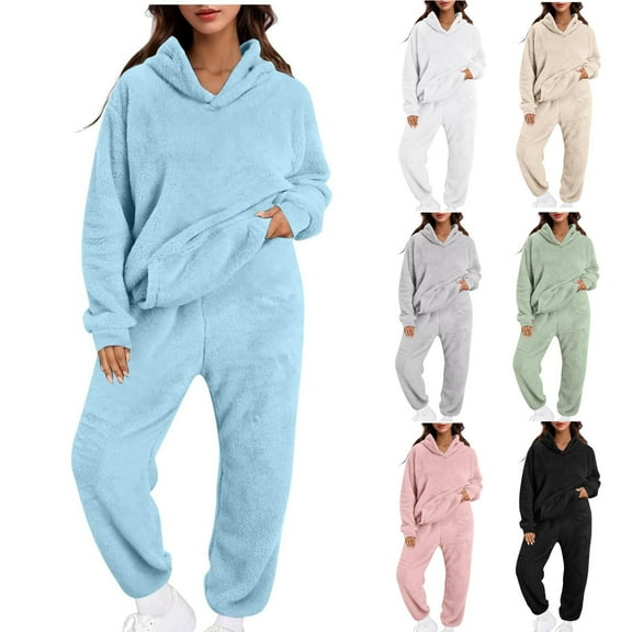 Dazajoo Fleece Pajamas for Women Set Soft Comfy Plush Hooded Sweatshirts and Jogger Sweatpants 2 Piece Outfits,Beige,L