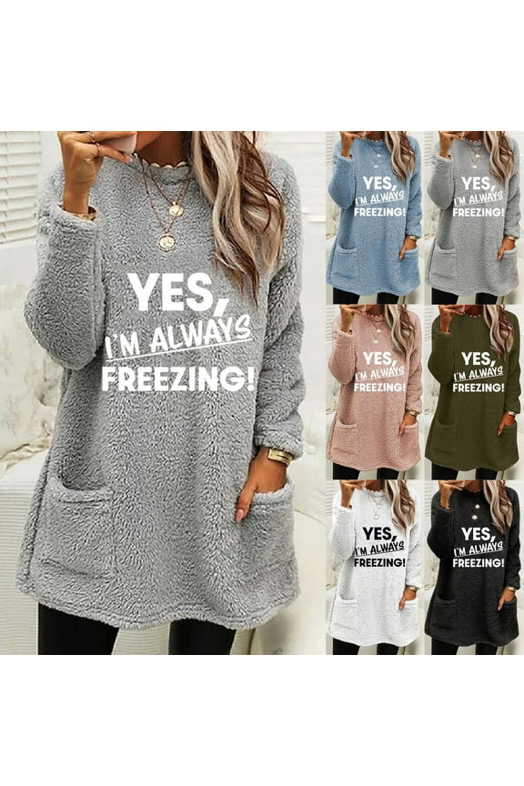 Fleece Tops for Women Fall Winter Warm Fluffy Plush Pullover Fashion Letter Graphic Print Long Sleeve Tees Shirts Loungewear,Blue,L