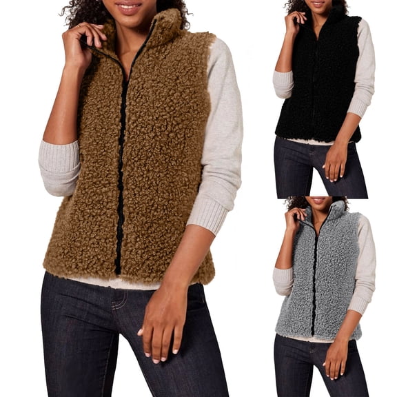 Dazajoo Fleece Zip Up Vest Women Stand Collar Sleeveless Sherpa Jacket with Pockets Lightweight Winter Warm Outerwear,Gray,M