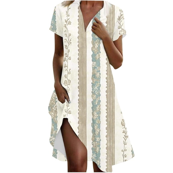 Dazajoo Floral Beach Dress for Women Midi Short Sleeve V Neck Boho Sundress 2025 Summer Loose Casual Vacation Dress,Beige,S