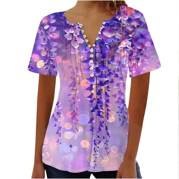Dazajoo Floral Blouse for Women Short Sleeve Casual Front Pleated Hide Belly Shirts Summer Plus Size Button V Neck Henley Tops,Multicolor,XXXL