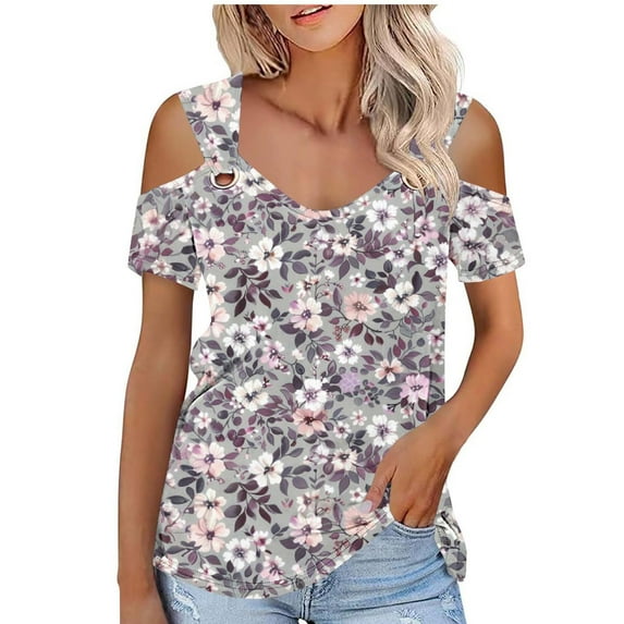 Dazajoo Floral Cold Shoulder Tops for Women Summer Short Sleeve Boho Shirts 2024 Womens Fashion Casual V Neck Flowy Tunics Tee,Gray,L