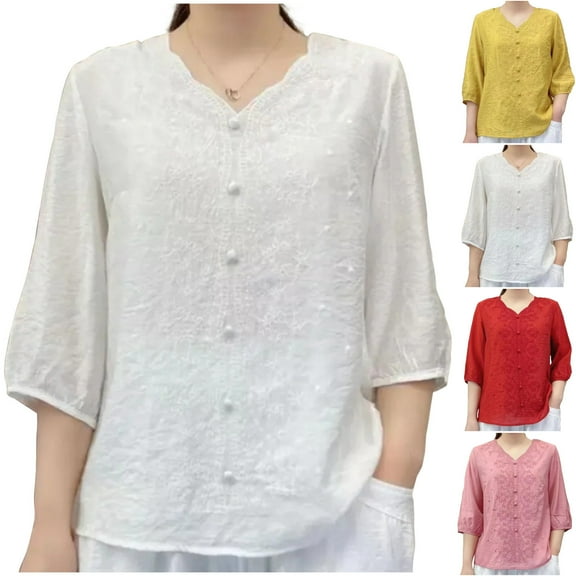 Dazajoo Floral Embroidered Tops Women Cotton Linen Shirts 3/4 Sleeve Ethnic Style Peasant Tee V Neck Button Tunics,Yellow,XXXL