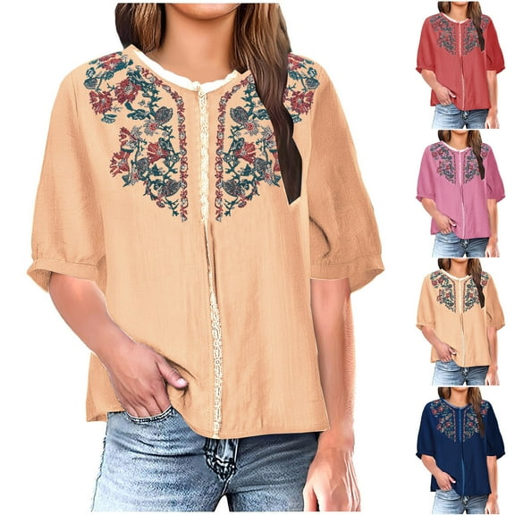 Dazajoo Floral Embroidery Tops for Women Boho Short Sleeve V Neck Linen Blouse 2025 Summer Peasant Tees Tunics,Blue,XL