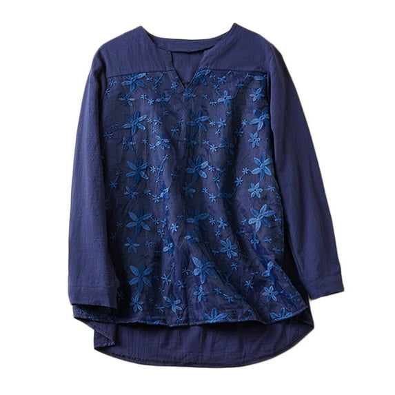 Dazajoo Floral Embroidery V Neck Shirt Womens Casual Long Sleeve Cotton Linen Blouses 2024 Summer Dressy Trendy Flowy Hem Solid Color Tunics for Women,Navy,XXXL