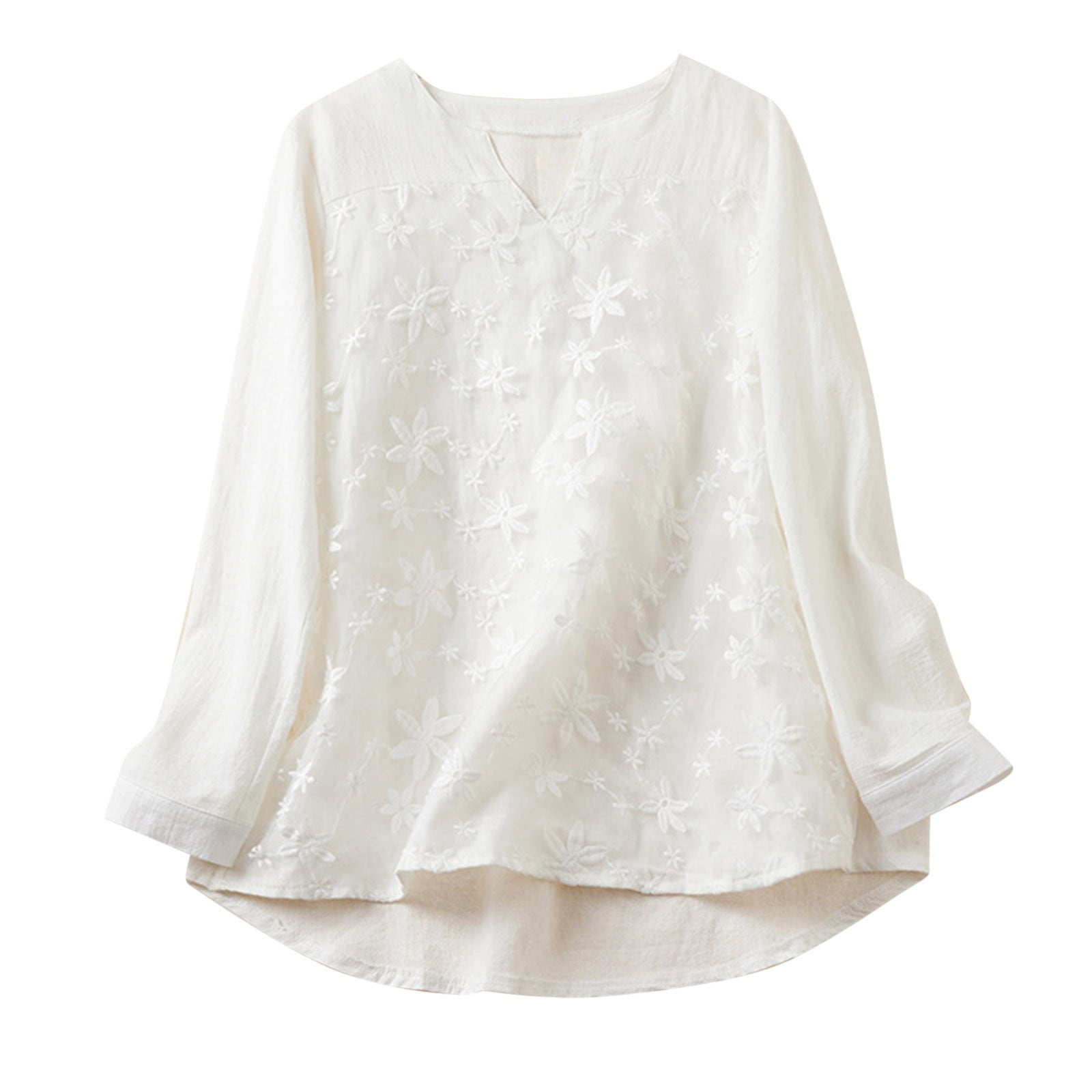 Dazajoo Floral Embroidery V Neck Shirt Womens Casual Long Sleeve Cotton ...