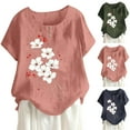 thumbnail image 1 of Dazajoo Floral Linen Tops for Women Casual Short Sleeve Summer Shirts Round Neck Lightweight Cotton Blouses,Pink,XXL, 1 of 5