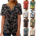 thumbnail image 1 of Dazajoo Floral Print Short Sleeve Tops for Women Pleated Hide Belly Elegant Shirts Summer Casual Button V Neck Tunics,Black,S, 1 of 6