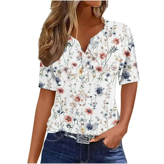 Dazajoo Floral Short Sleeve Shirts for Women Button V Neck Plus Size Casual Tops Womens Summer 2024 Loose Fit Blouses,White,XXXL