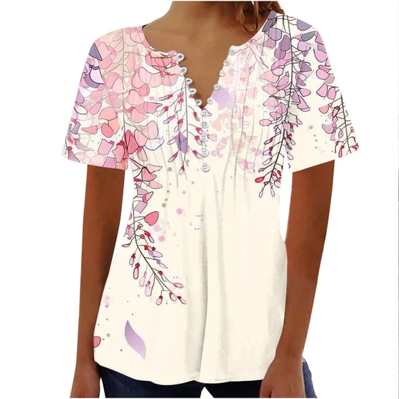 Dazajoo Floral Top for Women Short Sleeve Front Pleated Hide Belly Elegant Shirts Summer Casual Button V Neck Tunics,Multicolor,M
