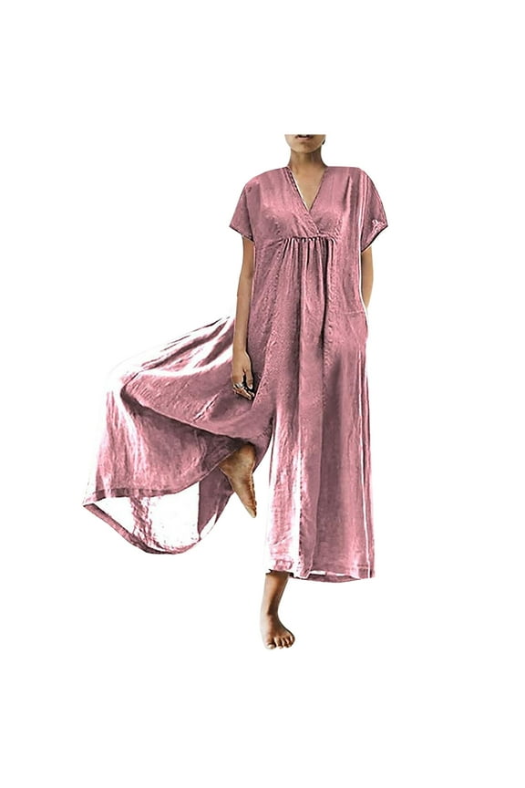 Flowy Linen Cotton Jumpsuits for Women Short Sleeve V Neck Solid Color Jumpers 2024 Summer Womens Plus Size Casual Fashion Loose Fit Wide Leg Long Pants,Pink,XXXL