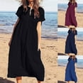 thumbnail image 1 of Dazajoo Flowy Linen Summer Dresses for Women Plus Size Solid Color Short Sleeve Dress 2025 Lightweight Baggy V Neck Ankle - Length Dresses Vacation Deals,Navy,XXL, 1 of 7