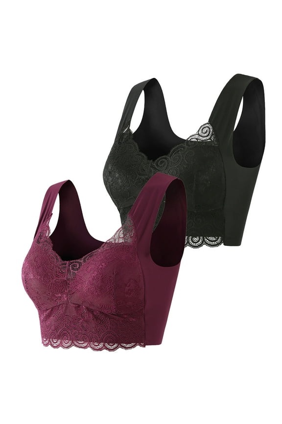 Front Closing Bras for Older Women Plus Size,2PC Fashion Woman's Lace Beauty Back Solid Strap Wrap Plus Size Bra Underwear,Black,XXXXXL