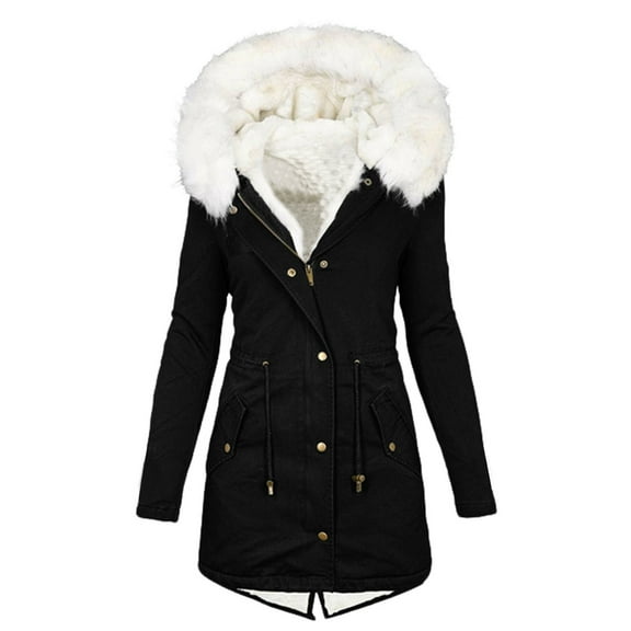 Dazajoo Fur Faux Hood Jacket Women Fuzzy Lined Winter Warm Coats Zip Up Front Button Puffer Jackets,Black,XXXL