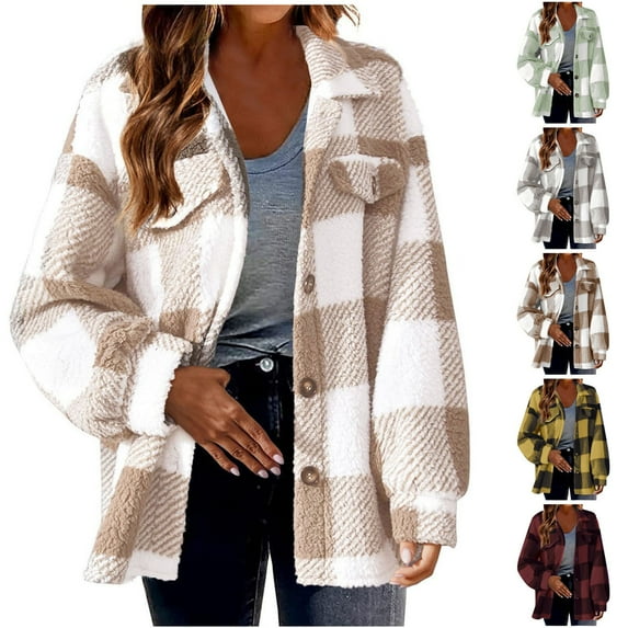 Dazajoo Fuzzy Fleece Plaid Jacket for Women Plus Size Button Down Winter Warm Sherpa Shacket,Gray,XXXXXL