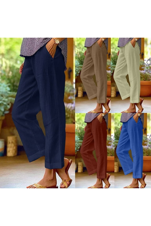 Gauze Pants for Women Elastic High Waisted Cotton Linen Pants with Pockets Summer Basic Solid Color Gym Trousers,Brown,XXL