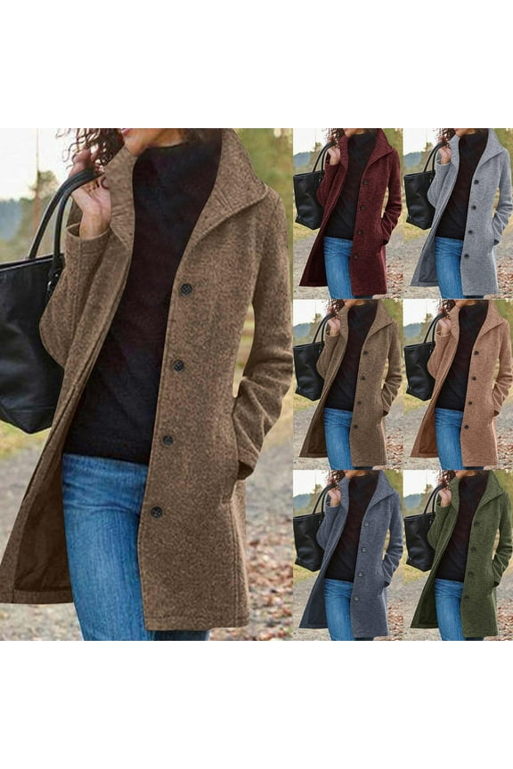 Gray Wool Coats for Women Long Sleeve Button Lapel Pea Coat Business Casual Warm Single Breasted Trench Jackets with Pockets,XXL