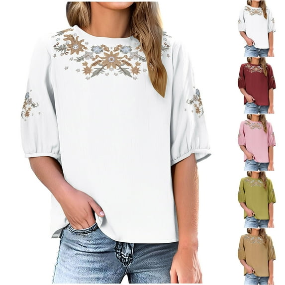 Dazajoo Half Sleeve Boho Tops for Women Casual Round Neck Vintage Embroidered Blouses Summer Loose Fit Peasant Tops,Pink,XXL
