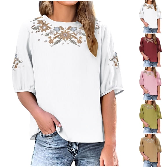 Dazajoo Half Sleeve Boho Tops for Women Casual Round Neck Vintage Embroidered Blouses Summer Loose Fit Peasant Tops,White,S