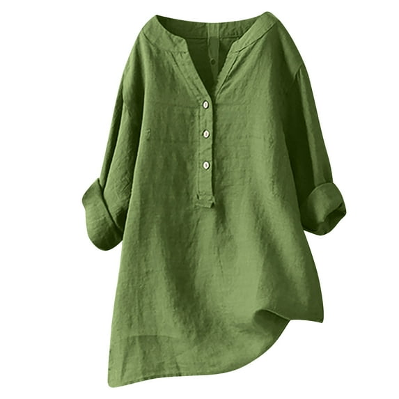 Dazajoo Henley V Neck Tops for Women 2024 Summer Comfy Cotton Linen Solid Color Shirts Womens Casual Short Sleeve Plus Size Tees Shirt，Green，XXXL