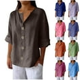 thumbnail image 1 of Dazajoo Women's Linen Shirt Button Down V Neck Solid Dressy Blouse 3/4 Sleeves Casual Loose Fit Tunic Tops Summer T Shirts,Orange,XL, 1 of 7