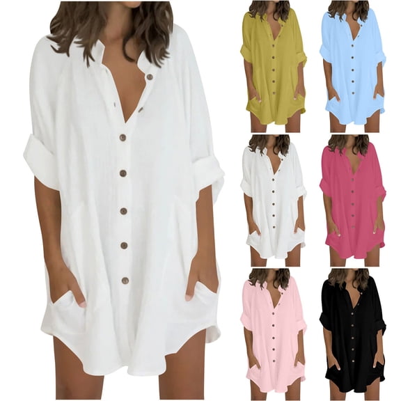 Dazajoo Holiday Sales Plus Size Cotton Linen Tops for Women Long Sleeve Button Down Shirts Casual Solid Color Office Business Blouses,Pink,XXXXL
