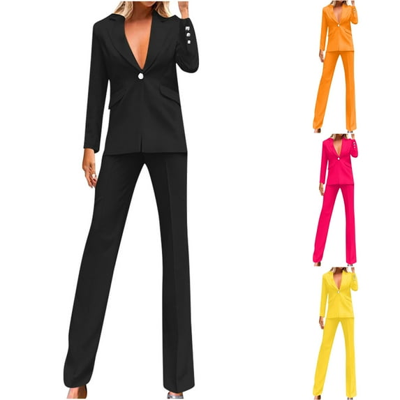 Dazajoo Holiday Sales Women's 2 Piece Outfits Open Front Long Sleeve Blazer Jacket and Straight Slim Leg Pants Casual Elegant Work Office Suit Sets,Orange,XL