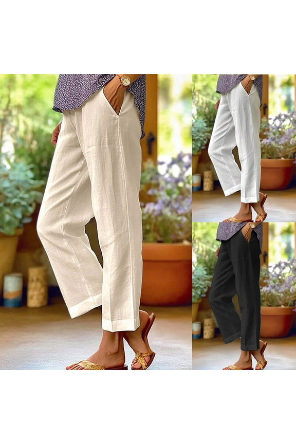 Holiday Sales Womens Linen Pants with Pockets Elastic High Waist Comfy Gauze Pants Casual Lightweight Loose Beach Trousers,Khaki,M