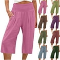 thumbnail image 1 of Dazajoo Holiday Sales Womens Wide Leg Linen Capris Elastic High Waisted Cotton Pants with Pockets Loose Lightweight Yoga Capri Pants,Wine,S, 1 of 6