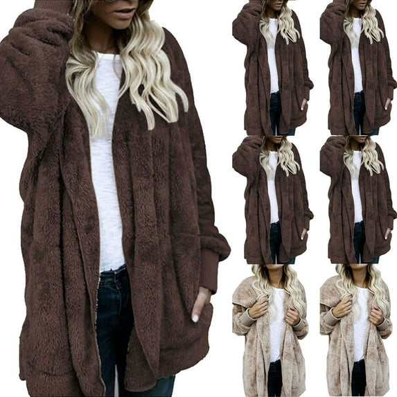 Dazajoo Hooded Cardigan for Women Oversized Solid Color Fuzzy Fleece Blanket Winter Loungewear Jacket,Khaki,XL