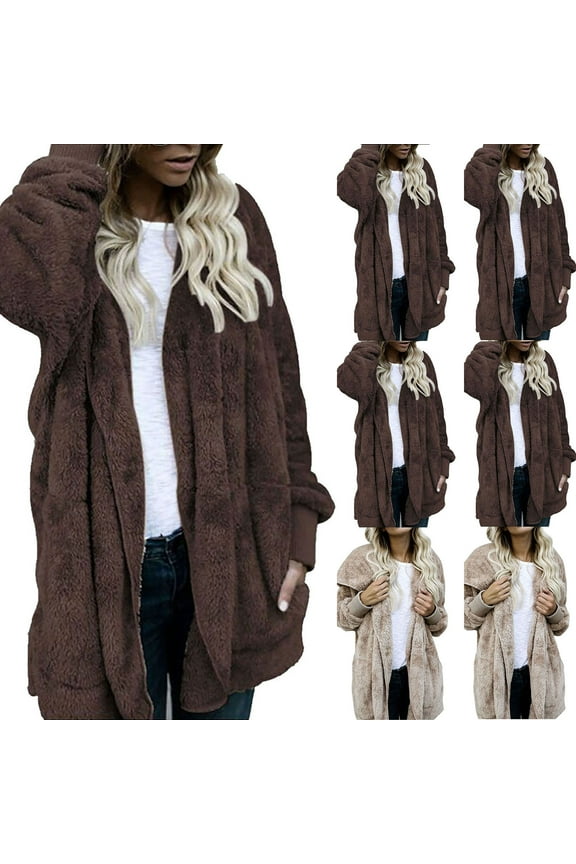 Hooded Cardigan for Women Oversized Solid Color Fuzzy Fleece Blanket Winter Loungewear Jacket,Khaki,XL