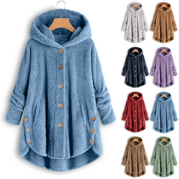 Dazajoo Hooded Fleece Jacket Women Plus Size Button Down Fuzzy Sherpa Coats Winter Fluffy Cardigan,Red,S
