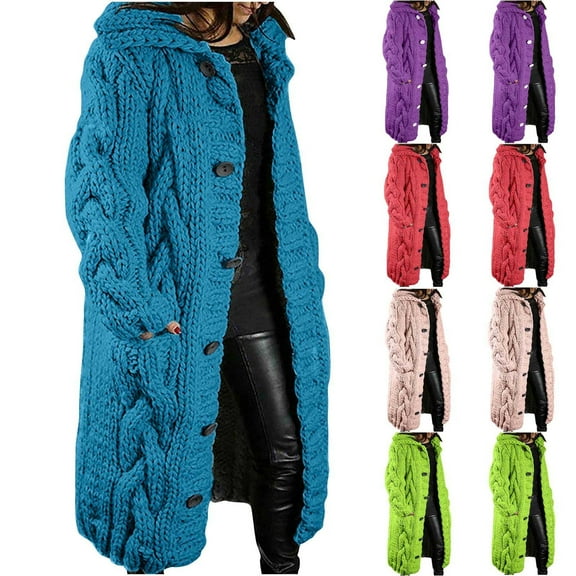 Dazajoo Long Cardigans for Women Chunky Cable Knit Thick Sweater Coat Open Front Knitted Cardigan with Pockets,Purple,XXXL