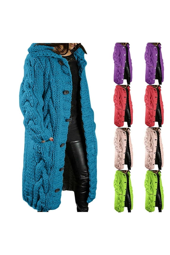 Long Cardigans for Women Chunky Cable Knit Thick Sweater Coat Open Front Knitted Cardigan with Pockets,Purple,XXXL