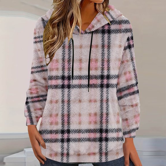 Dazajoo Hooded Sweatshirts for Women Fashion Plaid Long Sleeve Fleece Pullover Hoodies Warm Fall Winter Clothes Christmas Gifts,Pink XL