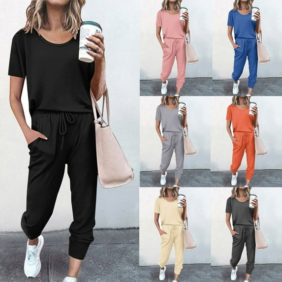 Dazajoo Jogger Sets for Women 2 Piece Short Sleeve Plus Size Drawstring Long Pants with Pockets Lounge Set 2024 Summer Women's Solid Color Tracksuit Sweatsuits,Beige,XXXL