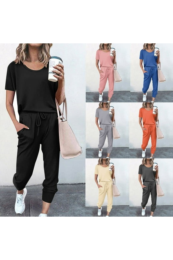 Jogger Sets for Women 2 Piece Short Sleeve Plus Size Drawstring Long Pants with Pockets Lounge Set 2025 Summer Women's Solid Color Tracksuit Sweatsuits,Orange,L