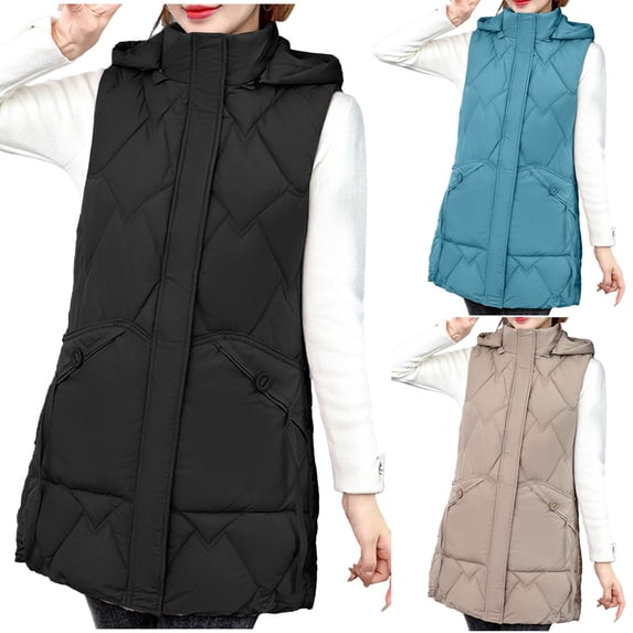 Dazajoo Khaki Long Hooded Vest for Women Lightweight Sleeveless Full Zip Puffer Jackets with Pockets Lightweight Winter Warm Quilted Coat,XXL