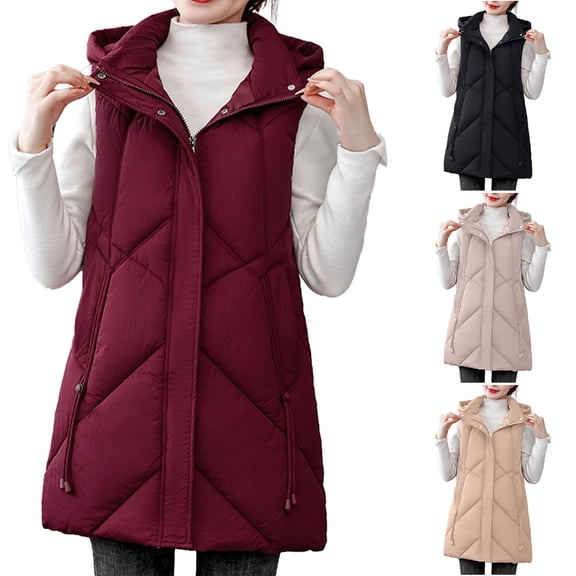 Dazajoo Khaki Long Hooded Vest for Women Sleeveless Zip Up Puffer Jackets with Pockets Lightweight Winter Warm Quilted Coat,XL