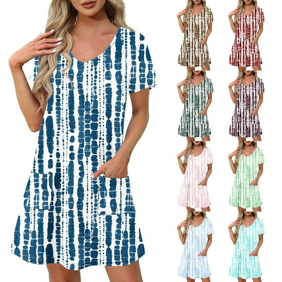 Dazajoo Knee Length Dresses for Women 2025 Casual Tie Dye Short Sleeve Sundress with Pockets Summer Loose Fit V Neck Midi Dress,Green,L