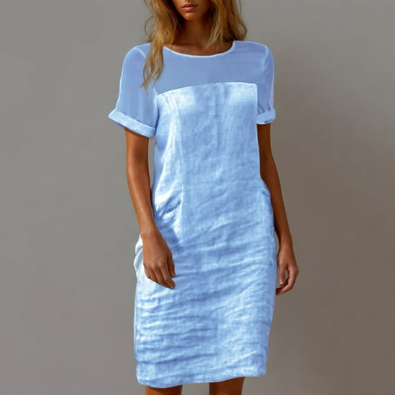 Dazajoo Knee Length Linen Dress for Women with Sheer Top Casual Short Sleeve Crewneck Elegant Dresses Lightweight Going Out Loungewear,Blue,XXL