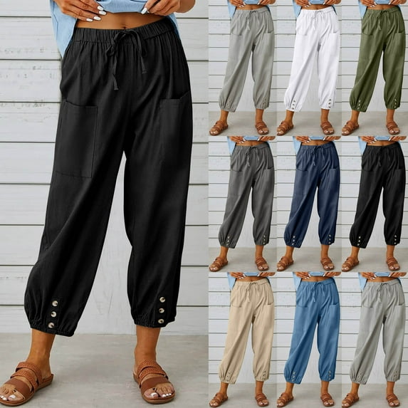 Dazajoo Ankle Linen Pants for Women Elastic Waist Drawstring Capris with Pockets Summer Lightweight Loose Hiking Pants,Khaki,M
