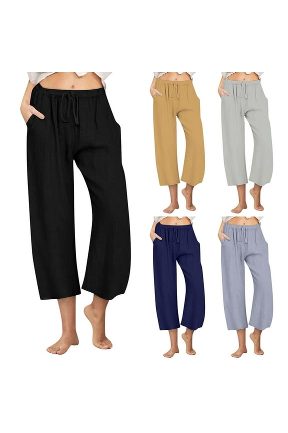 Cropped Linen Pants Women Casual Straight Leg Capris with Pockets Summer Comfy Elastic Waist Lounge Pants,Gray,M